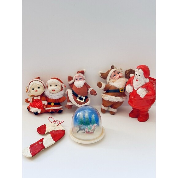 Vtg Christmas Plastic Snow Globe Flocked Santa Reindeer Candy Holder Retro MCM - Picture 1 of 12